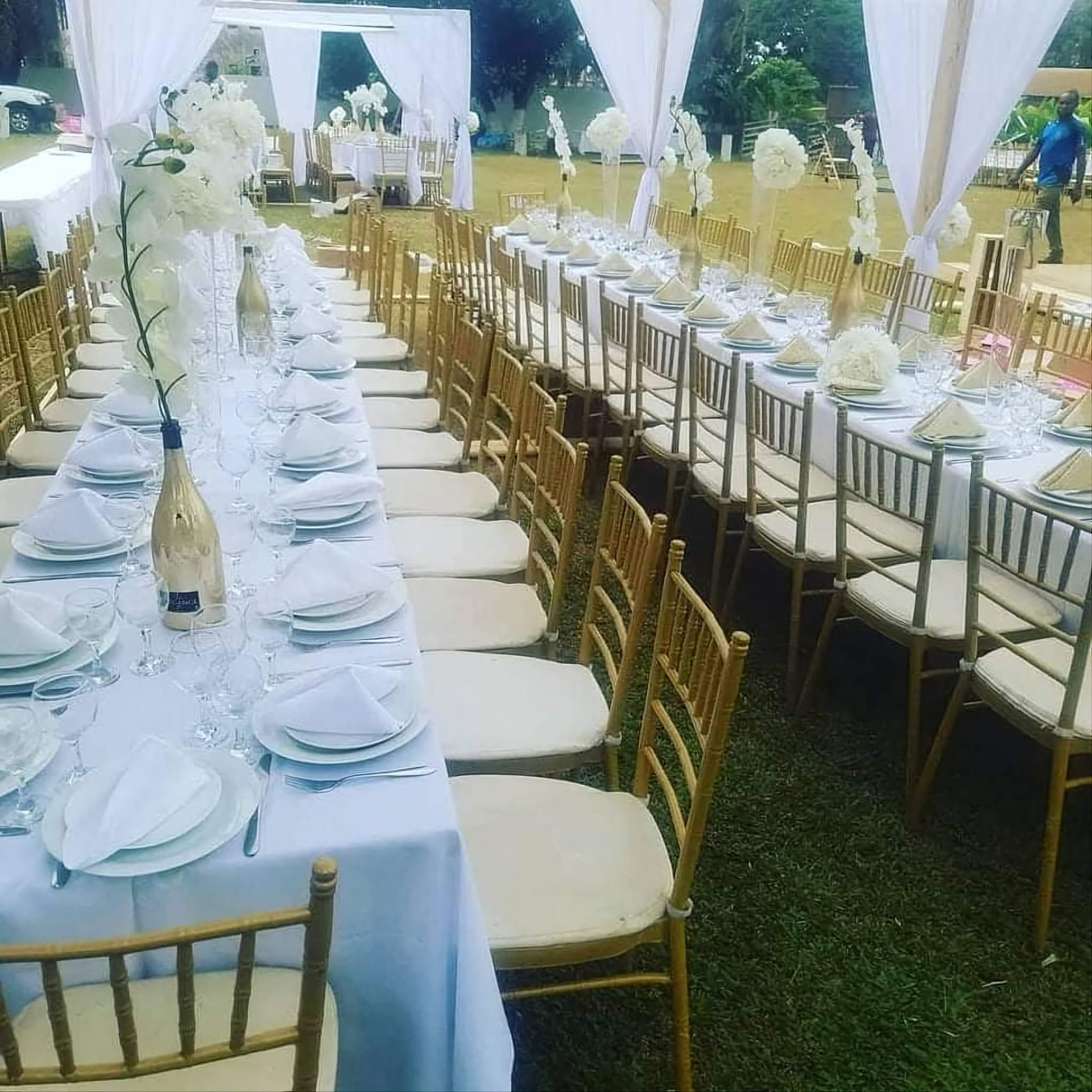 Longues tables dressées en blanc et chaises dorées installées sur la pelouse