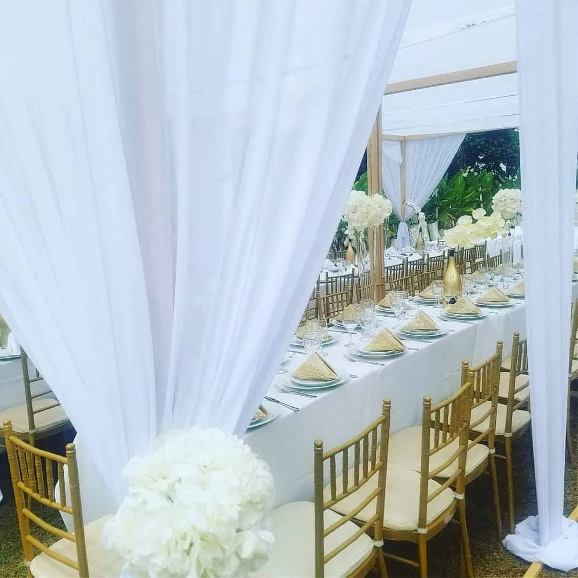 Tente blanche avec orchidées et tables dressées pour un banquet